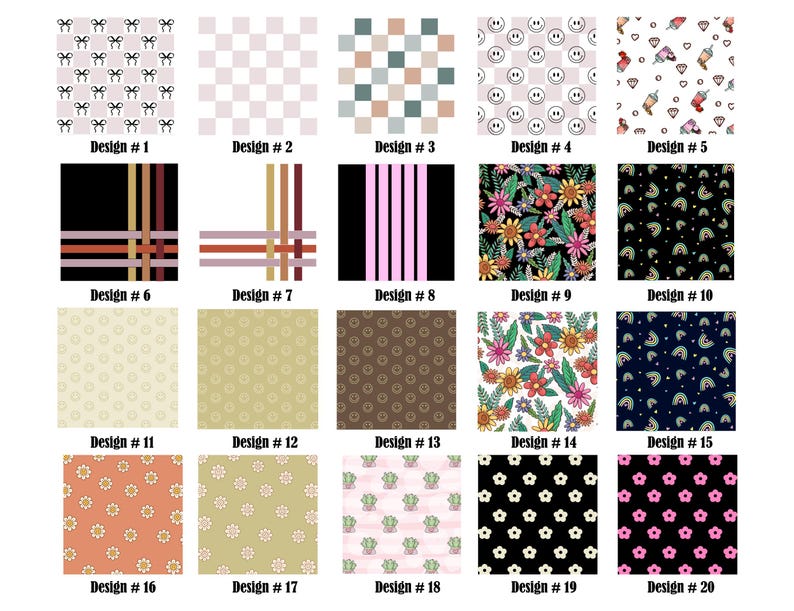 May include: Twenty different patterns for fabric, wallpaper, or other design projects. The patterns include a variety of colors, shapes, and styles, including geometric, floral, and abstract.