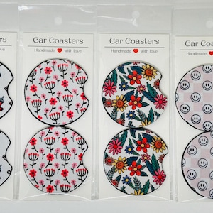 Trendy Car Coasters, Set of 2 Car Floral Coasters, Cute Car Accessories, Cup Holder Coasters, Preppy trendy, Floral, Checker Car Coasters