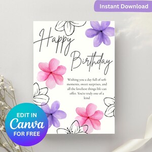 Pastelbloemen bewerkbare sjabloon voor verjaardagskaarten van één pagina | Afdrukbaar en digitaal | Digitale verjaardagskaart| Eenvoudige, leuke en deelbare kaart