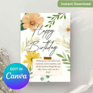 Zachte bloemen bewerkbare sjabloon voor verjaardagskaarten van één pagina | Afdrukbaar en digitaal | Digitale verjaardagskaart | Eenvoudige, leuke en deelbare kaart