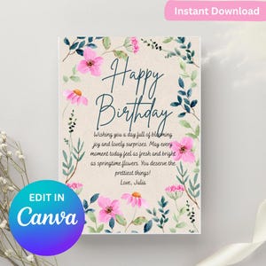 Bloementuin bewerkbare sjabloon voor verjaardagskaarten van één pagina | Afdrukbaar en digitaal | Digitale verjaardagskaart| Eenvoudige, leuke en deelbare kaart