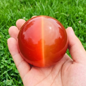 Op de afbeelding: Een gladde, gepolijste, bolvormige edelsteen met een levendige oranje-rode tint. Het oppervlak heeft een duidelijke, verticale chatoyante lichtband in het midden, wat een kattenoogeffect creëert dat het licht over de ronde vorm weerkaatst.