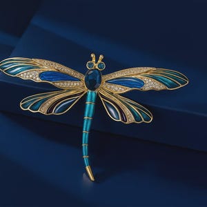 Op de afbeelding: Een goudkleurige libellebroche met blauwe en turquoise geëmailleerde vleugels, geaccentueerd met heldere kristallen. De libelle heeft een turkoois lichaam en een grote blauwe edelsteen. Een decoratief sieraad.
