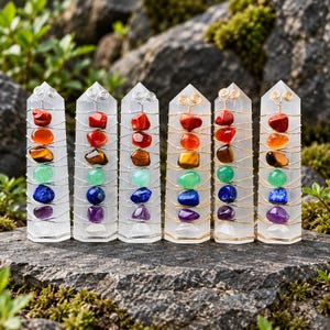 May include: Six clear selenite crystal towers arranged in a row, each wrapped in metallic wire. Each tower features seven small, polished, multi-coloured chakra stones stacked vertically, including red, orange, yellow, green, blue, and purple gems.