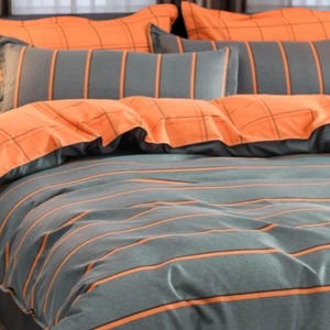 Orange Grey Striped Bedding Set: Soft Cotton Duvet Cover with Pillowcases