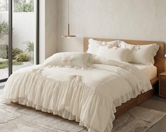 Shabby Chic White Ruffle Duvet Cover Set - 3 Piece Romantic Bow Bedding