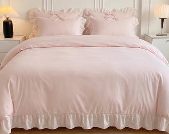 Shabby Chic Pink Ruffle Duvet Cover Set - 3 Piece Romantic Bow Bedding