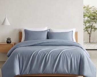 Blue Bamboo Fiber Bed Set: Natural Bed Cover & Pillowcases - Soft Smooth Cooling Bedding