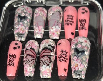 Uñas postizas decoradas a mano (pegamento para uñas incluido)