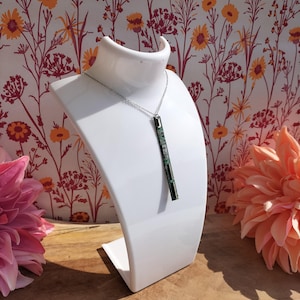 Puede incluir: Collar plateado con un colgante rectangular negro, verde y blanco. El collar se exhibe sobre un busto blanco, con un fondo floral.