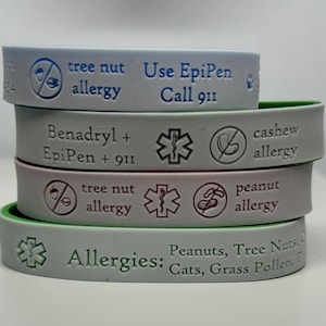 Allergy Bracelet with Emergency Contact Info, Allergy Alerts, Multiple Allergy Bracelet, Allergy + EpiPen Info, Soft Allergy Bracelets