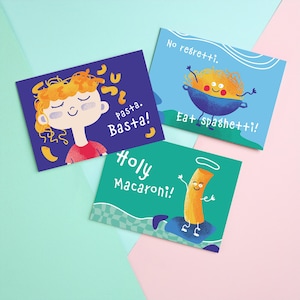 Set van 3 grappige ansichtkaarten "Pasta Italiano" – pasta, woordspelingen en goede humor!