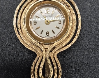 Vintage Caravelle Swiss Ladies Pendant Watch Brooch, Gold Tone Mid Century Jewelry Watch