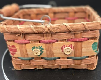 Vintage Woven Basket with Apple Band, Buttons | Rustic Farmhouse Kitchen Storage