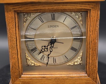 Vintage Linden Quartz Mantel Clock | Oak Wood Case with Brass Handle | Classic Roman Numeral Desk Shelf Clock