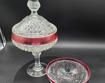 Vintage Ruby Flash Cut Glass Pedestal Candy Dish with Lid & Matching Bowl