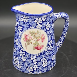 Hillchurch Pottery "Bouquet" Pitcher | Staffordshire England Floral Jug | Blue Chintz Transferware Creamer Vase