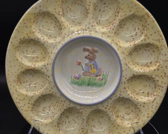 Vintage Bunny Deviled Egg Plate | Speckled Ceramic Easter Platter, Farmhouse Kitchen Decor