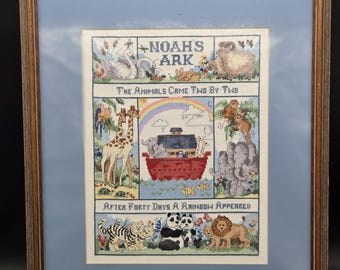 Vintage Noah's Ark Cross Stitch Framed Art | Bible Story Animals Nursery Decor