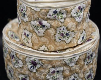 Vintage Quilted Fabric Storage Boxes Set Floral Paisley Lidded Round Hat Boxes Cottagecore Decor