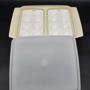May include: A rectangular beige plastic storage container with two internal white trays featuring eight molded oval indentations each. A separate, translucent, square-shaped lid with a central circular indentation sits in the foreground.