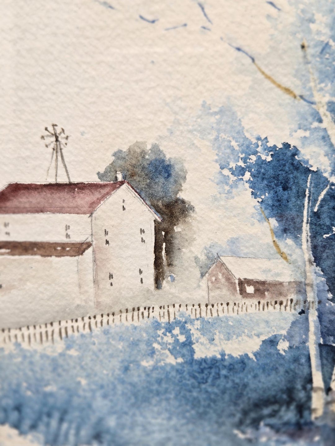 Vintage Watercolor Farm Scene Painting | Rustic Blue Barn Landscape Art ...