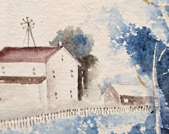 Vintage Watercolor Farm Scene Painting | Rustic Blue Barn Landscape Art