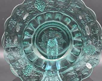 Fenton Green Glass Serving Plate | Grape Pattern Compote Dish | Handcrafted USA Glass | Vintage Style Decorative Plate