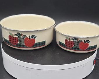 Vintage Enamel Apple Bowls Set | Farmhouse Plaid Kitchenware