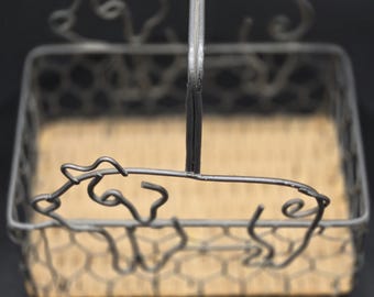 Vintage Pig Wire Basket with Handle | Farmhouse Kitchen Organizer | Rustic Metal Storage with Woven Base