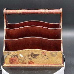 Vintage Wooden Desk Organizer with Handle | Rose Floral Mail Sorter, Farmhouse Office Storage