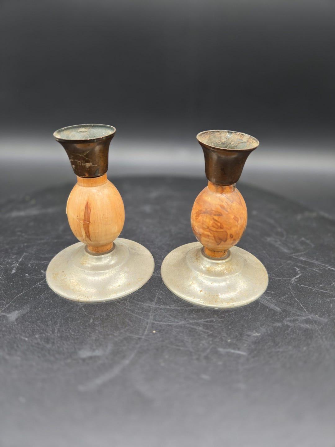 Vintage Wood Metal Candlestick Holders – Set of 2 Rustic Farmhouse ...