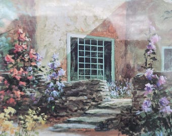 Framed Cottage Landscape Print | Vintage Southwestern Adobe Home Wall Art | Rustic Floral Scene