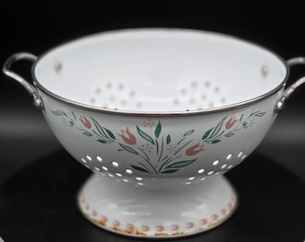 Vintage Enamelware Colander Bowl | Floral Metal Strainer with Handles | Farmhouse Kitchen Decor | Cottagecore Enamel Bowl