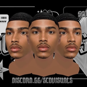 以下が含まれることがあります： 黒い背景に、ウェーブヘアスタイルの男性の3つの様式化された肖像画が描かれたグラフィックデザイン。「SCO VISUALS」のテキストはクロムのようなフォントで、QRコードとDiscordのリンクも含まれています。