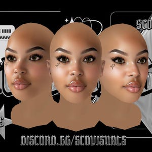 以下が含まれることがあります： 完璧なメイクの3つの顔が特徴のデジタルアート。黒い背景に銀色のアクセント。テキスト「SCO VISUALS」が目立ち、QRコードとDiscordリンクdiscord.gg/scovisualsが表示されています。