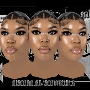 May include: A digital design with three faces, set against a black backdrop. The design includes the text "SCO VISUALS" in a chrome-like font, a QR code, and the Discord address, all in a futuristic style.