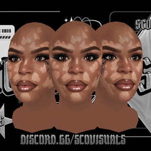 Può includere: Grafica digitale con tre volti con vitiligine, su sfondo nero. Il testo argentato recita "SCO VISUALS" e "DISCORD.GG/SCOVISUALS", con forme a stella e a carta. Il design generale è moderno.