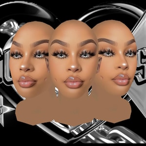 May include: Digital artwork showing three stylized female faces with full lips, long eyelashes, and light eyes. The background is black with silver chain and star accents, and the text "SCO VISUALS" is displayed.