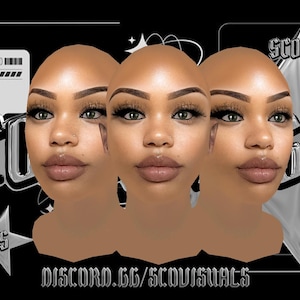 以下が含まれることがあります： 黒い背景に、メイクアップされた3つの顔が描かれたグラフィックデザイン。銀色の星とテキスト要素が顔を囲んでいます。「SCAN ME」とテキスト「SCO VISUALS」と「DISCORD.GG/SCOVISUALS」を含むQRコードが含まれています。