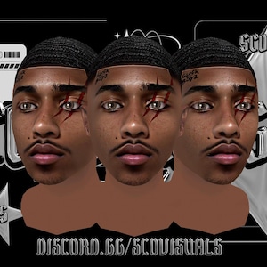 Può includere: Arte digitale con tre volti maschili stilizzati con pelle scura, ognuno con un'acconciatura a onde e un design a forma di cicatrice. Lo sfondo è nero con forme di stelle e carte argentate e il testo "SCO VISUALS" e "DISCORD.GG/SCOVISUALS".