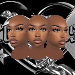 Könnte beinhalten: Digitales Kunstwerk mit drei Gesichtern mit Make-up, vor einem schwarz-silbernen Hintergrund. Das Wort "SCORES" ist silberfarben, mit zusätzlichem Text und Sternakzenten.