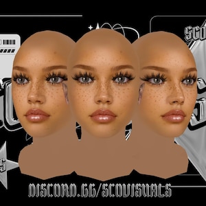以下が含まれることがあります： そばかす、ふっくらとした唇、長いまつげを持つ女性の顔が3つ描かれたデジタルアート。背景は黒で、銀色の星、クレジットカードのグラフィック、そして「SCO VISUALS」と「DISCORD.GG/SCOVISUALS」の文字が描かれています。
