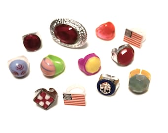 12 Vintage Plastic Rings 1950s - 70s Plastic Toy Gumball Prizes