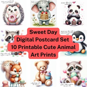 Cartões postais Sweet Day – Conjunto de 10 cartões digitais | Ilustrações fofas de animais em aquarela | Cartões de felicitações para imprimir | JPEG e PDF