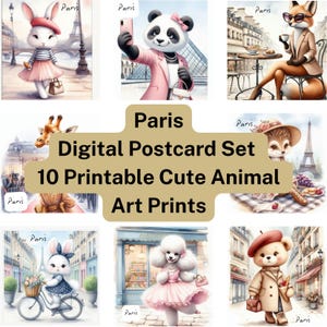 Postales de París – Conjunto de 10 tarjetas digitales | Lindas ilustraciones de animales de París | Descarga instantánea | Tarjetas de felicitación imprimibles | JPEG y PDF