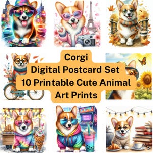 Corgi Cuties Postcards – Set of 10 Digital Cards | Watercolor Corgi Illustrations | Printable Greeting Cards | JPEG & PDF