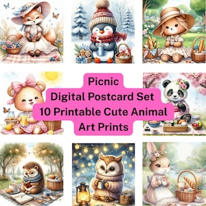 Cartes postales « Pique-nique » – Lot de 10 cartes numériques | Scènes de pique-nique à l'aquarelle | Cartes de vœux imprimables | JPEG et PDF