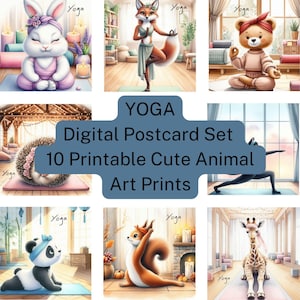 Set di 10 cartoline yoga digitali con note di consapevolezza e meditazione, download immediato, biglietti d'auguri stampabili in formato JPEG e PDF