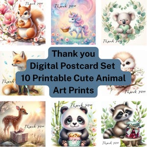 Bedankt ansichtkaarten – Set van 10 digitale kaarten | Schattige bedankbriefjes met dieren | Direct downloaden | Afdrukbare wenskaarten | JPEG- en PDF-bestanden